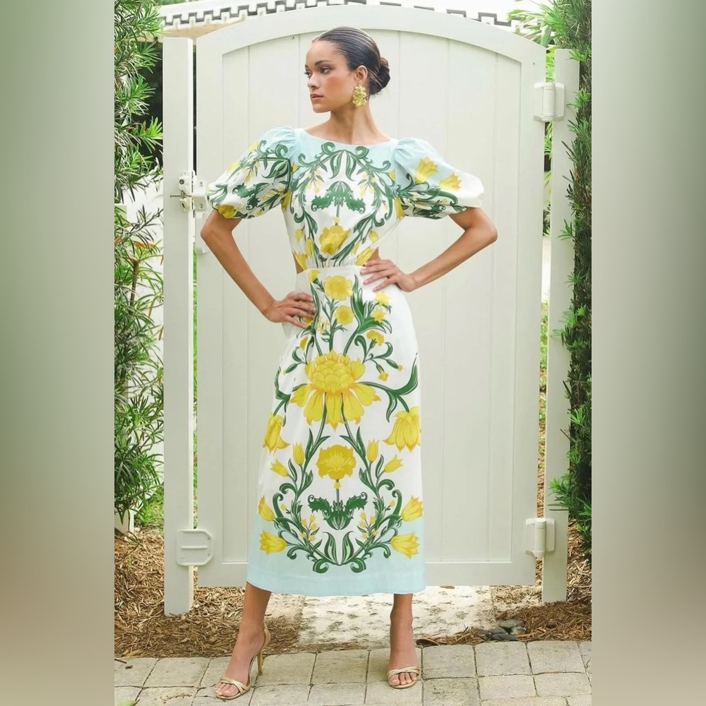 MESTIZA NEW YORK Floral Eileen Cutout Midi Dress Medium $395 Size XS